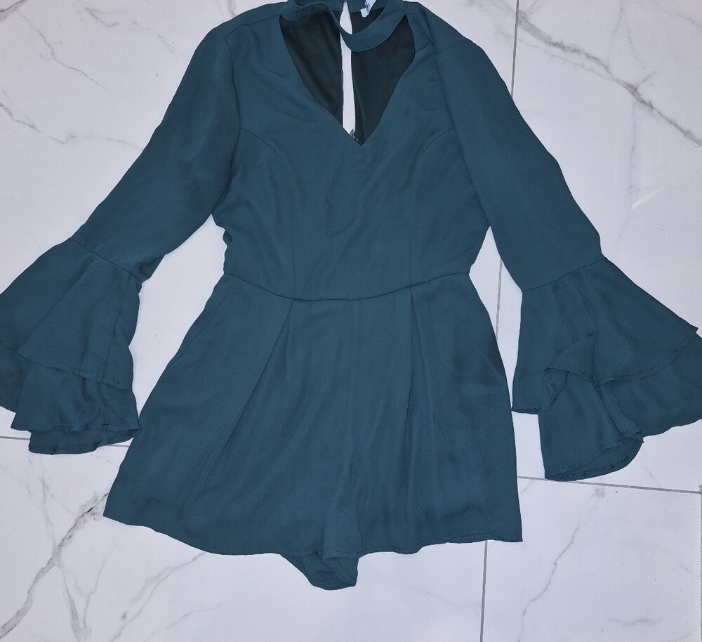 She + Sky Teal V-Neck Long-Sleeve Peplum Romper with Ruffle Cuffs